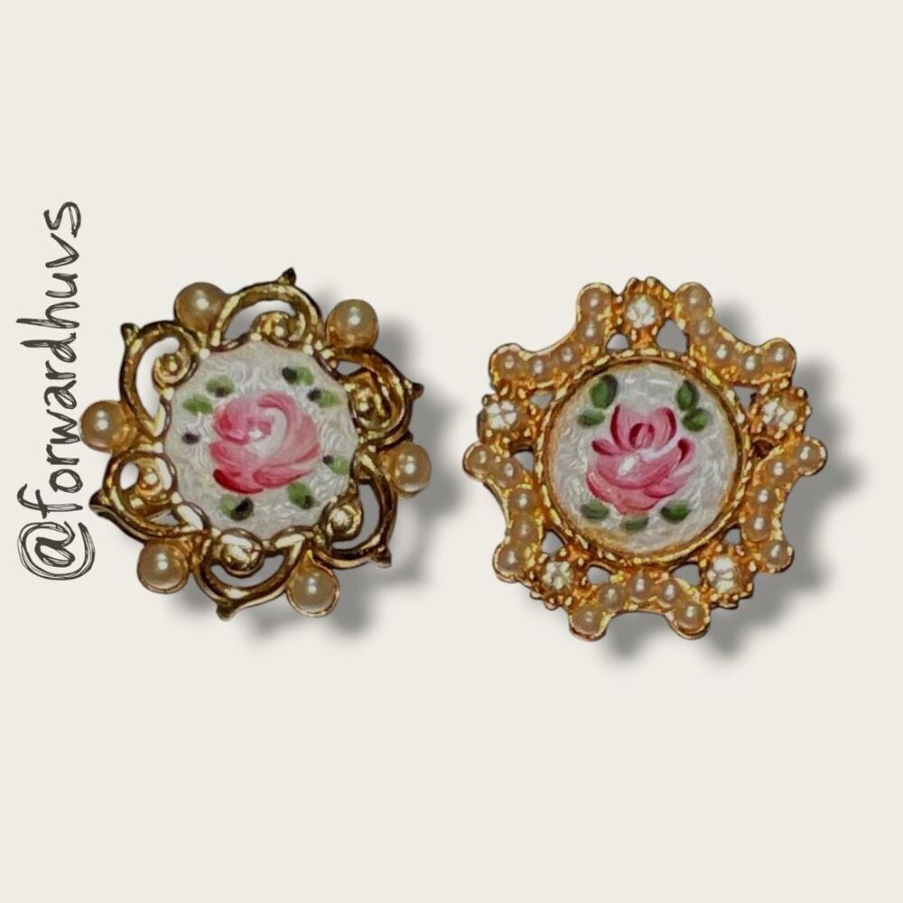 Vintage Gold Tone Guilloché Rose Brooch Pair – Rhinestone & Pearl Accents
